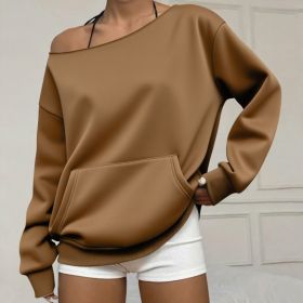 Fashionable Pullover Crew-Neck Off-Shoulder Sweatshirt For Women (Option: Coffee-XL)