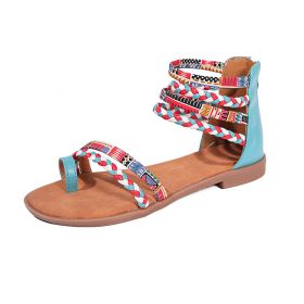 Ethnic Style Flat Sandals Summer Clip Toe Colorful Weave-straped Shoes With Back Zipper Women's Bohemian Beach Shoes (Option: Sky Blue-43)