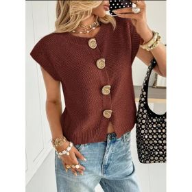European And American-style Round-neck Short-sleeved Knitted Cardigan (Option: Wine Red-L)