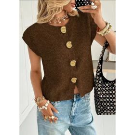 European And American-style Round-neck Short-sleeved Knitted Cardigan (Option: Chocolate-M)