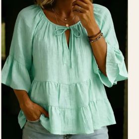V-neck Three-quarter-sleeve Pleated Cotton-linen Blouse Top (Option: Light Green-XL)