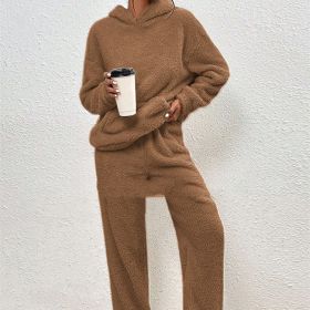 Fleece-lined Hooded Long Sleeve Dimensional Patch Pocket Casual Trousers Solid Color Suit (Option: Caramel-L)