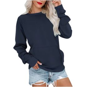 Women's Pin Solid Color Round Neck Loose Long-sleeved Sweater (Option: Navy Blue-XL)