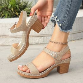 Open Toe With Buckle Chunky Heel High Heel Sandals (Option: Gold-43)