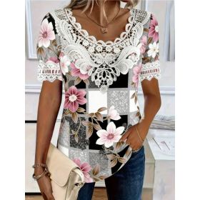 Women's Lace-Patchwork Crew-Neck Short-Sleeve T-Shirt (Option: 07311color-XXL)