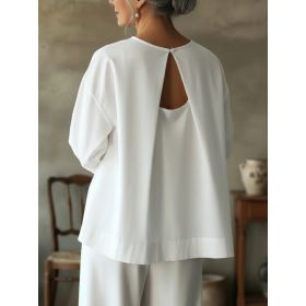 Women's Round Neck Loose Seven Quarter Sleeved Backless Top (Option: White-3XL)
