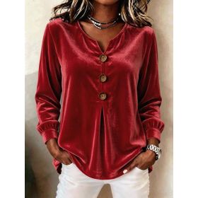 Elegant V-neck Buttoned Long-sleeve Velvet Blouse For Women (Option: Red-XXL)