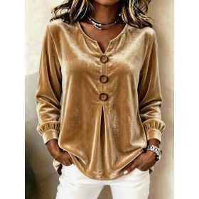 Elegant V-neck Buttoned Long-sleeve Velvet Blouse For Women (Option: Gold-XXL)