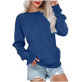 Women's Pin Solid Color Round Neck Loose Long-sleeved Sweater (Option: Sapphire blue-L)