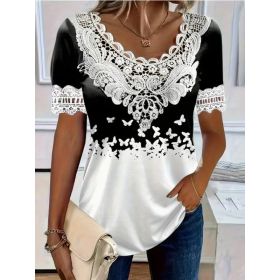 Women's Lace-Patchwork Crew-Neck Short-Sleeve T-Shirt (Option: 0736color-XXL)