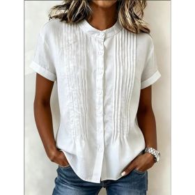 Fashionable Buttoned Stand-collar Solid-color Short-sleeve Shirt (Option: White-XL)