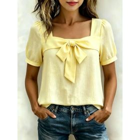 Womens Casual Square-neck Top With A Bow (Option: Yellow-L)