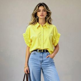 Loose-fitting Womens Blouse With A Turn-down Collar (Option: Yellow-L)