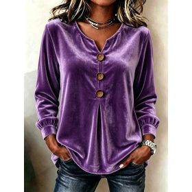 Elegant V-neck Buttoned Long-sleeve Velvet Blouse For Women (Option: Purple-3XL)