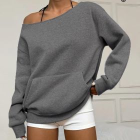 Fashionable Pullover Crew-Neck Off-Shoulder Sweatshirt For Women (Option: Dark Gray-L)