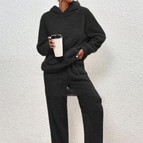 Fleece-lined Hooded Long Sleeve Dimensional Patch Pocket Casual Trousers Solid Color Suit (Option: Black-L)
