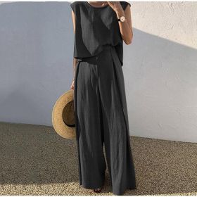 Cotton And Linen Casual Sleeveless Top Wide Leg Pants Two-piece Set (Option: Black-L)