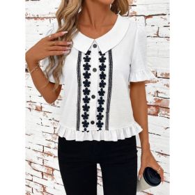 Women's Front-Button Petal-Sleeve Short-Sleeve Summer Fashion (Option: White With Printed Pattern-3XL)