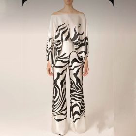 Summer Women's Clothing Printed Round Neck Loose Batwing Sleeve Waist Wide Leg Pants Fashion Casual Set (Option: Black Stripes-XL)