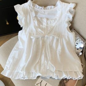 Ruffle-trimmed Age-reducing Loose-fit Puff-sleeve Doll Shirt (Option: White-XL)