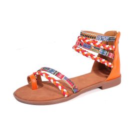 Ethnic Style Flat Sandals Summer Clip Toe Colorful Weave-straped Shoes With Back Zipper Women's Bohemian Beach Shoes (Option: Orange Red-43)
