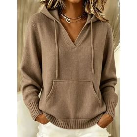 Kangaroo Pocket Knitted Hooded Drawstring Sweatshirt (Option: Brown-5XL)
