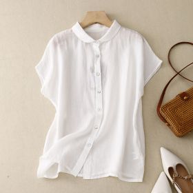 Cotton-Linen Plus-Size Loose Artistic Small Turn-Down Collar Shirt (Option: White-2XL)