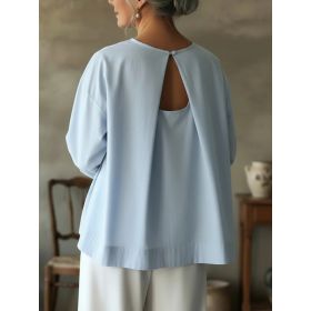 Women's Round Neck Loose Seven Quarter Sleeved Backless Top (Option: Blue-L)