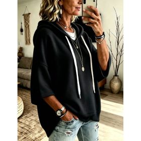 Womens Loose-fitting Hooded Top With Three-quarter Sleeves (Option: Black-4XL)