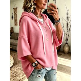 Womens Loose-fitting Hooded Top With Three-quarter Sleeves (Option: Pink-4XL)