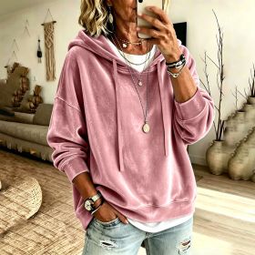 Womens Casual Solid-Color Hooded Long-Sleeve Top With Drawstring (Option: Pink-L)
