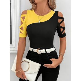 Slim-fit Contrast-color Hollow-out Top Multicolor Fashionable And Versatile (Option: Black And Yellow-6XL)