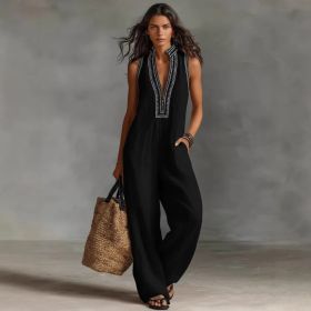 Women's Simple Linen-blend Sleeveless Jumpsuit (Option: XL-Black)