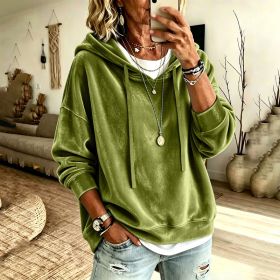 Womens Casual Solid-Color Hooded Long-Sleeve Top With Drawstring (Option: Yellow Green-XXL)