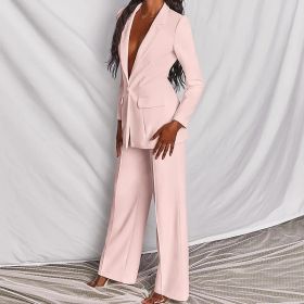 2pcs Casual Suit Lapel Button-down Blazer Jacket And Straight-leg Pants Office Commuting Business Trousers Set Clothing (Option: Pink-XL)