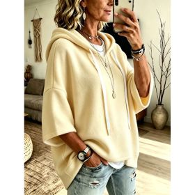 Womens Loose-fitting Hooded Top With Three-quarter Sleeves (Option: Beige-4XL)