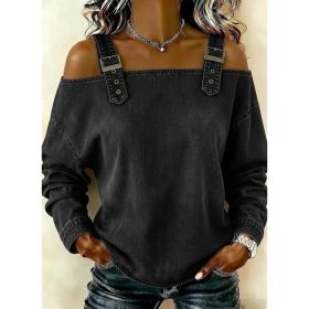 Women's Off-shoulder Strap Long-sleeve Top (Option: Black-L)