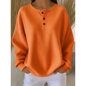 Round Neck Waffle Solid Color Pullover Loose Top (Option: Orange-L)