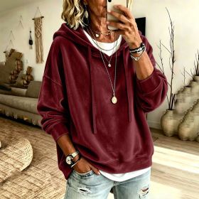 Womens Casual Solid-Color Hooded Long-Sleeve Top With Drawstring (Option: Dark Red-XXL)