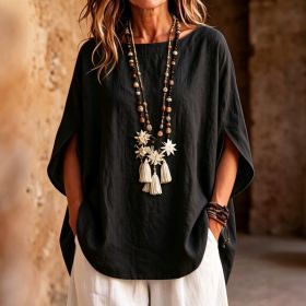 Womens Fashionable Solid-color Round-neck Loose-fit Blouse (Option: Black-XL)