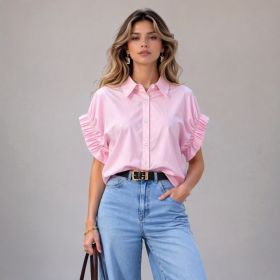 Loose-fitting Womens Blouse With A Turn-down Collar (Option: Pink-XL)