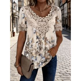 Women's Lace-Patchwork Crew-Neck Short-Sleeve T-Shirt (Option: 0732color-L)