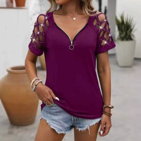 Womens Chain Hollow-out Hot-studded Short-sleeve Top (Option: Purple-L)