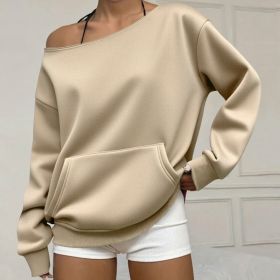 Fashionable Pullover Crew-Neck Off-Shoulder Sweatshirt For Women (Option: Apricot-XL)