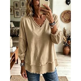 Women's Fashion Long Sleeve Top - Casual Loose Fit Blouse For Daily Wear (Option: Khaki-L)