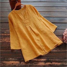 Plus-size Womens Casual Loose-fit Cotton And Linen Top (Option: Yellow-3XL)