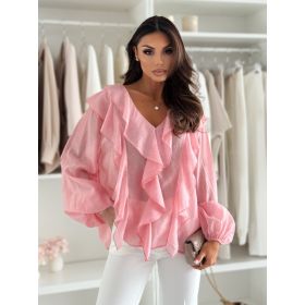 V-neck Ruffled Puff-sleeve Long-sleeve Shirt Top (Option: Pink-L)