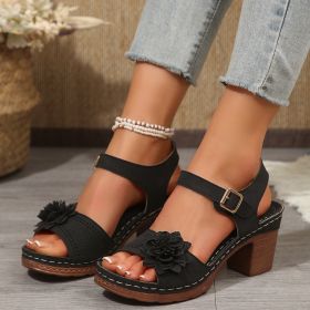 Women's Flowers Chunky Heel Sandals Summer Plus Size Platform Shoes (Option: Black-43)