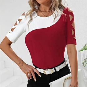 Slim-fit Contrast-color Hollow-out Top Multicolor Fashionable And Versatile (Option: Red And White-6XL)